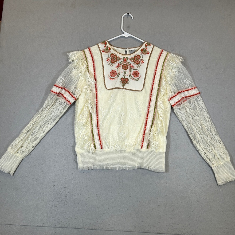 Anthropologie Blank London Shirt Womens Small Lace Boho Blouse Floral Smocked